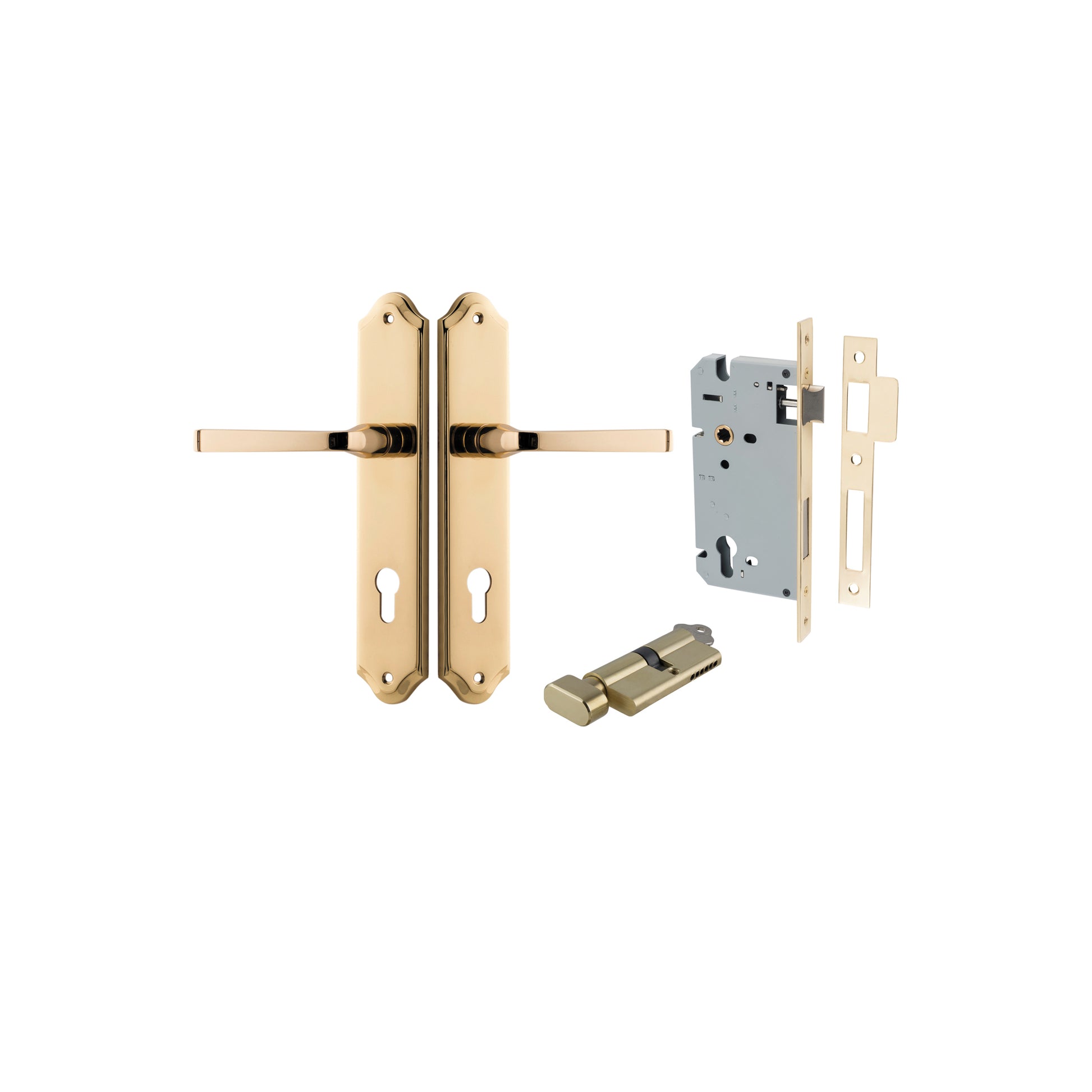 Door Lever Annecy Shouldered Euro Polished Brass CTC85mm H240xW50xP65mm Entrance Kit Mortice Lock Euro Polished Brass CTC85mm Backset 60mm, Euro Cylinder Key Thumb 6 Pin Polished Brass L70mm KA1 in Polished Brass