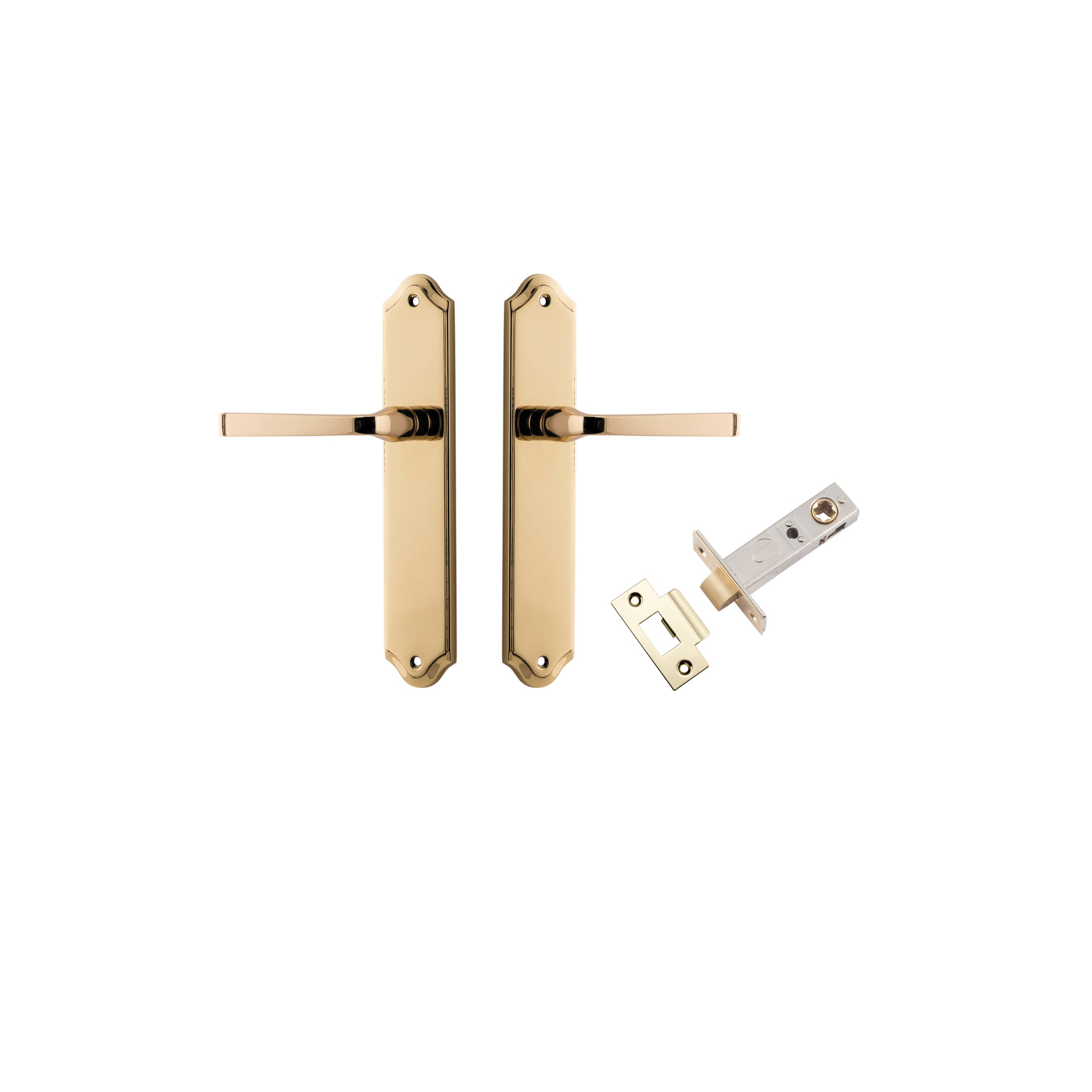 Pair of Iver Annecy lever handles on shouldered backplates, featuring polished brass finish for elegant door hardware.