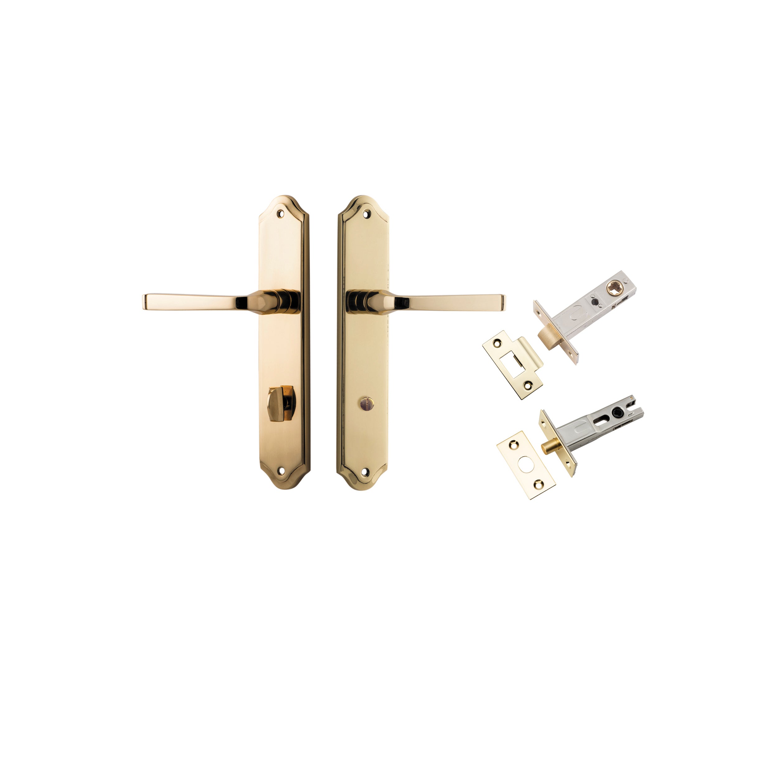 Pair of Iver Annecy Lever on Shouldered Backplate door handles showing polished brass finish and classic design.