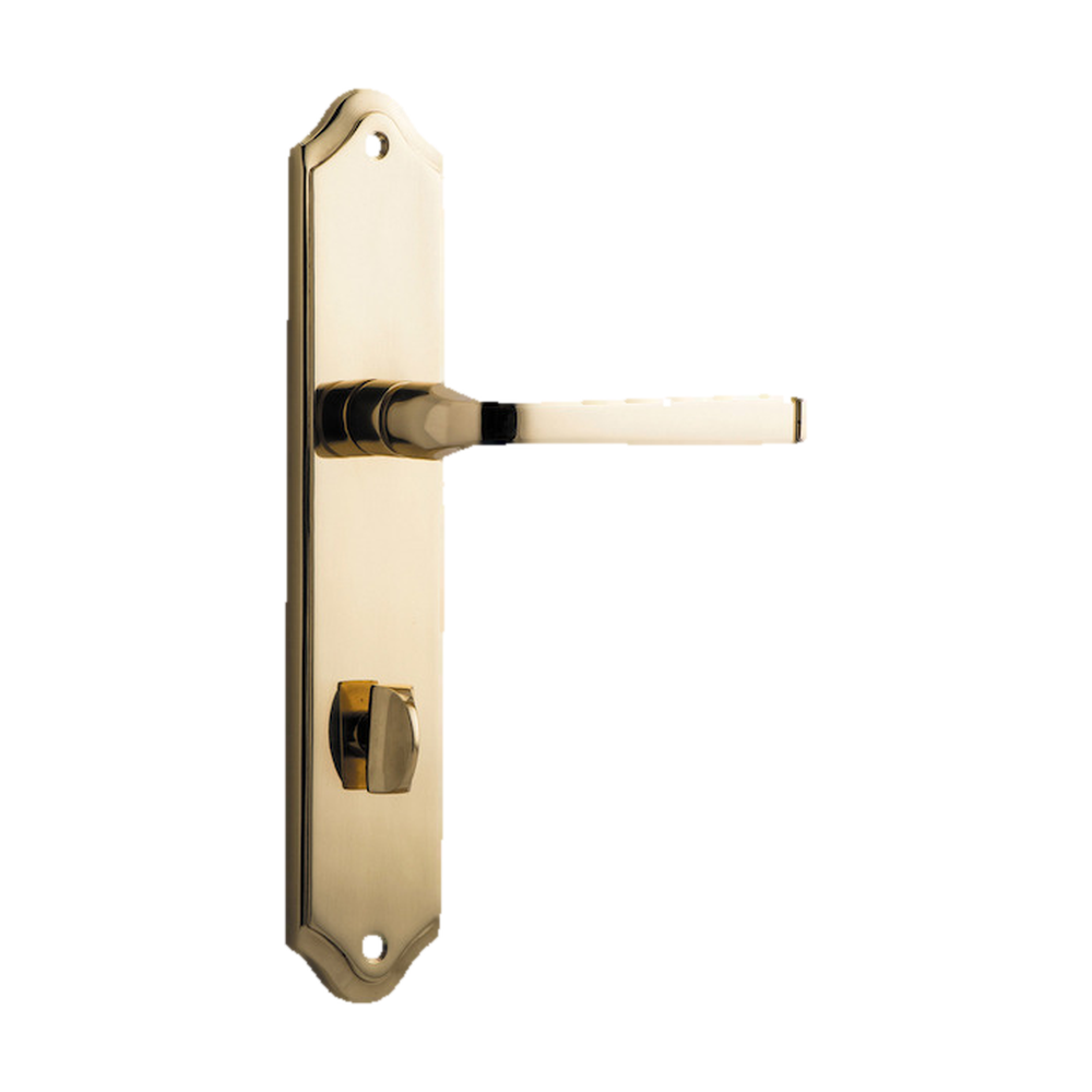 Door Lever Annecy Shouldered Privacy Polished Brass CTC85mm H240xW50xP65mm in Polished Brass