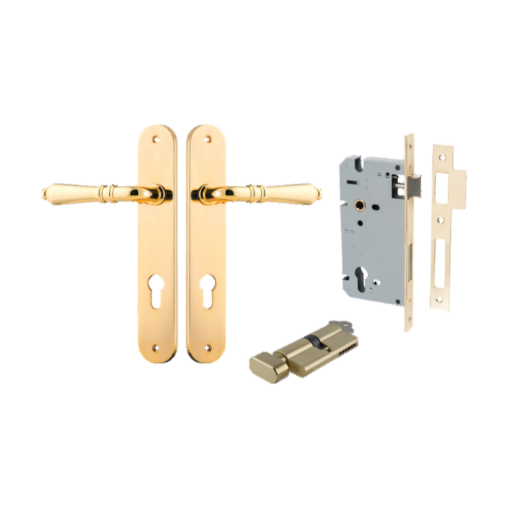 Door Lever Sarlat Oval Euro Polished Brass CTC85mm H240xW40xP55mm Entrance Kit Mortice Lock Euro Polished Brass CTC85mm Backset 60mm, Euro Cylinder Key Thumb 6 Pin Polished Brass L70mm KA1 in Polished Brass