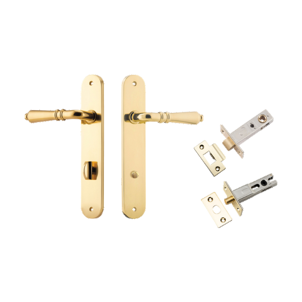 Door Lever Sarlat Oval Privacy Polished Brass CTC85mm H240xW40xP55mm Privacy Kit Tube Latch Split Cam 'T' Striker Polished Brass Backset 60mm, Privacy Bolt Round Bolt Polished Brass Backset 60mm in Polished Brass
