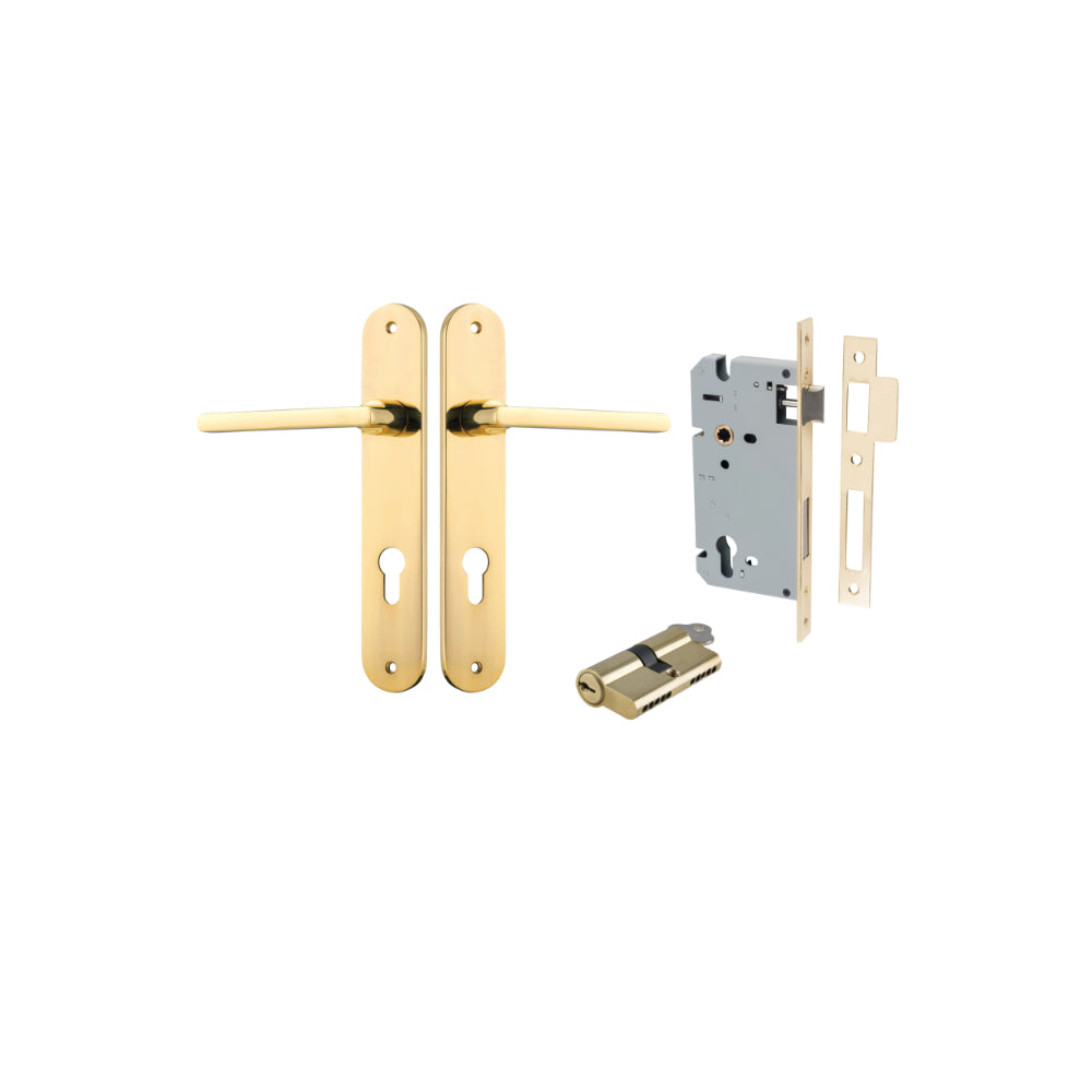 Door Lever Baltimore Oval Euro Polished Brass CTC85mm H240xW40xP55mm Entrance Kit Mortice Lock Euro Polished Brass CTC85mm Backset 60mm, Euro Cylinder Dual Function 5 Pin Polished Brass L65mm KA1 in Polished Brass