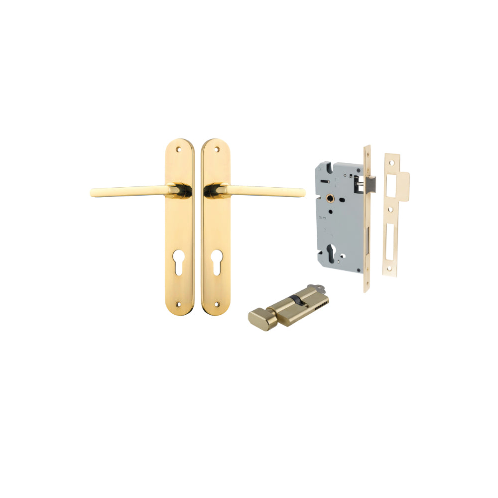 Door Lever Baltimore Oval Euro Polished Brass CTC85mm H240xW40xP55mm Entrance Kit Mortice Lock Euro Polished Brass CTC85mm Backset 60mm, Euro Cylinder Key Thumb 6 Pin Polished Brass L70mm KA1 in Polished Brass