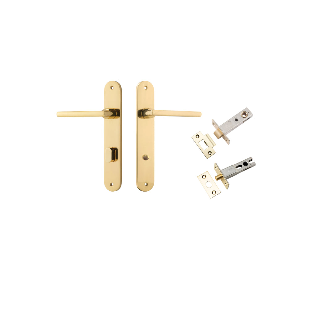 Door Lever Baltimore Oval Privacy Polished Brass CTC85mm H240xW40xP55mm Inbuilt Privacy Kit Tube Latch Split Cam 'T' Striker Polished Brass Backset 60mm, Privacy Bolt Round Bolt Polished Brass Backset 60mm in Polished Brass