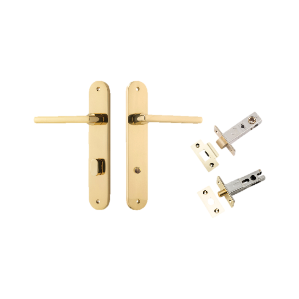 Door Lever Baltimore Oval Privacy Polished Brass CTC85mm H240xW40xP55mm Inbuilt Privacy Kit Tube Latch Split Cam 'T' Striker Polished Brass Backset 60mm, Privacy Bolt Round Bolt Polished Brass Backset 60mm in Polished Brass