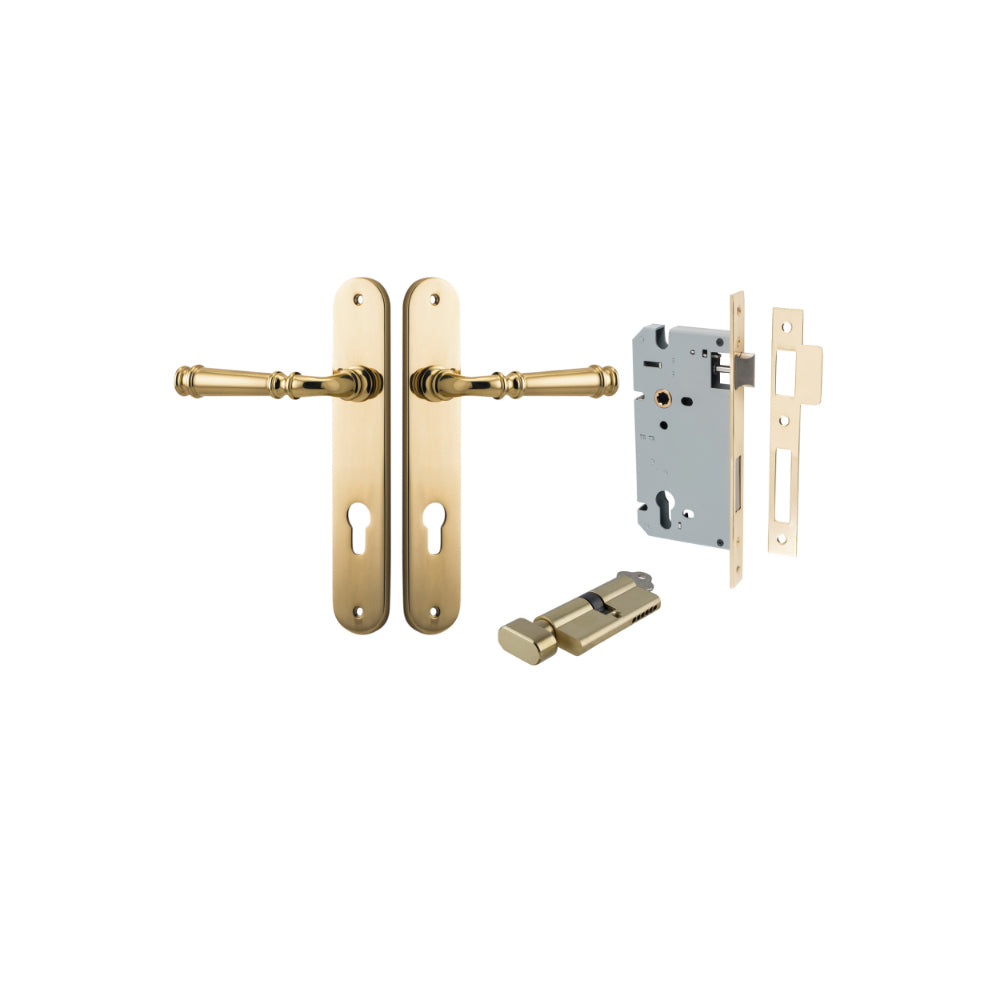 Door Lever Verona Oval Euro Polished Brass CTC85mm H240xW40xP59mm Entrance Kit Mortice Lock Euro Polished Brass CTC85mm Backset 60mm, Euro Cylinder Key Thumb 6 Pin Polished Brass L70mm KA1 in Polished Brass