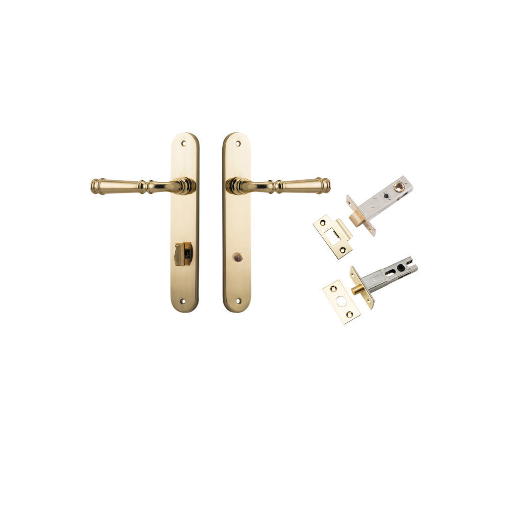 Door Lever Verona Oval Privacy Polished Brass CTC85mm H240xW40xP59mm Inbuilt Privacy Kit Tube Latch Split Cam 'T' Striker Polished Brass Backset 60mm, Privacy Bolt Round Bolt Polished Brass Backset 60mm in Polished Brass