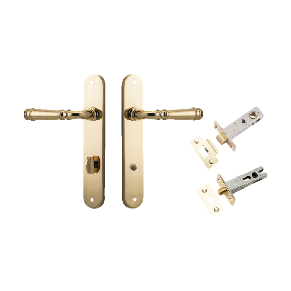 Door Lever Verona Oval Privacy Polished Brass CTC85mm H240xW40xP59mm Inbuilt Privacy Kit Tube Latch Split Cam 'T' Striker Polished Brass Backset 60mm, Privacy Bolt Round Bolt Polished Brass Backset 60mm in Polished Brass