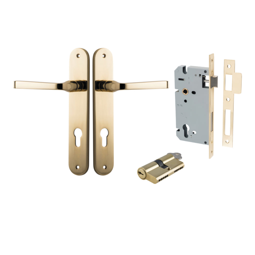 Door Lever Annecy Oval Euro Polished Brass CTC85mm H240xW40xP62mm Entrance Kit Mortice Lock Euro Polished Brass CTC85mm Backset 60mm, Euro Cylinder Dual Function 5 Pin Polished Brass L65mm KA1 in Polished Brass