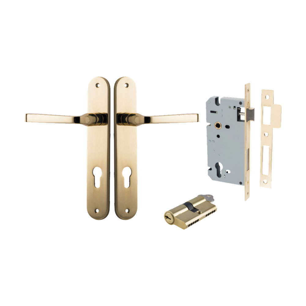Door Lever Annecy Oval Euro Polished Brass CTC85mm H240xW40xP62mm Entrance Kit Mortice Lock Euro Polished Brass CTC85mm Backset 60mm, Euro Cylinder Dual Function 5 Pin Polished Brass L65mm KA1 in Polished Brass