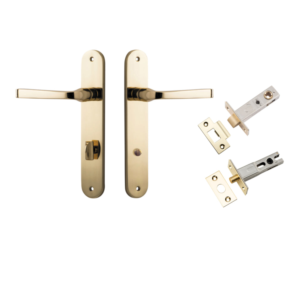 Door Lever Annecy Oval Privacy Polished Brass CTC85mm H240xW40xP62mm Inbuilt Privacy Kit Tube Latch Split Cam 'T' Striker Polished Brass Backset 60mm, Privacy Bolt Round Bolt Polished Brass Backset 60mm in Polished Brass
