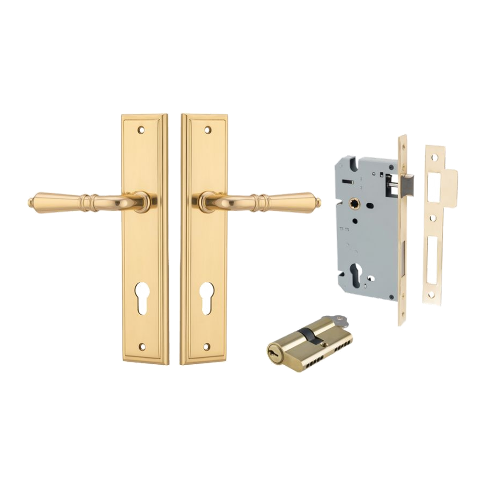 Door Lever Sarlat Stepped Polished Brass Key / Key Entrance Kit in Polished Brass