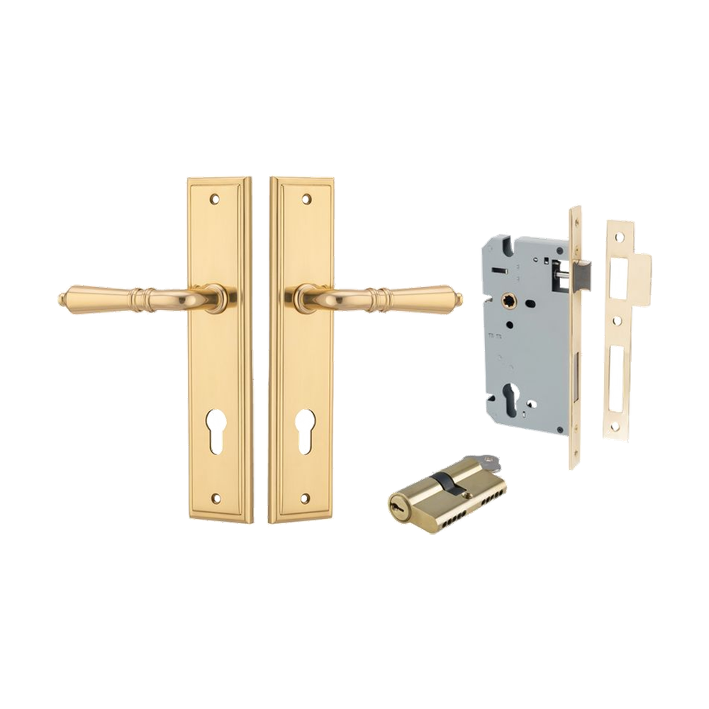 Door Lever Sarlat Stepped Polished Brass Key / Key Entrance Kit in Polished Brass