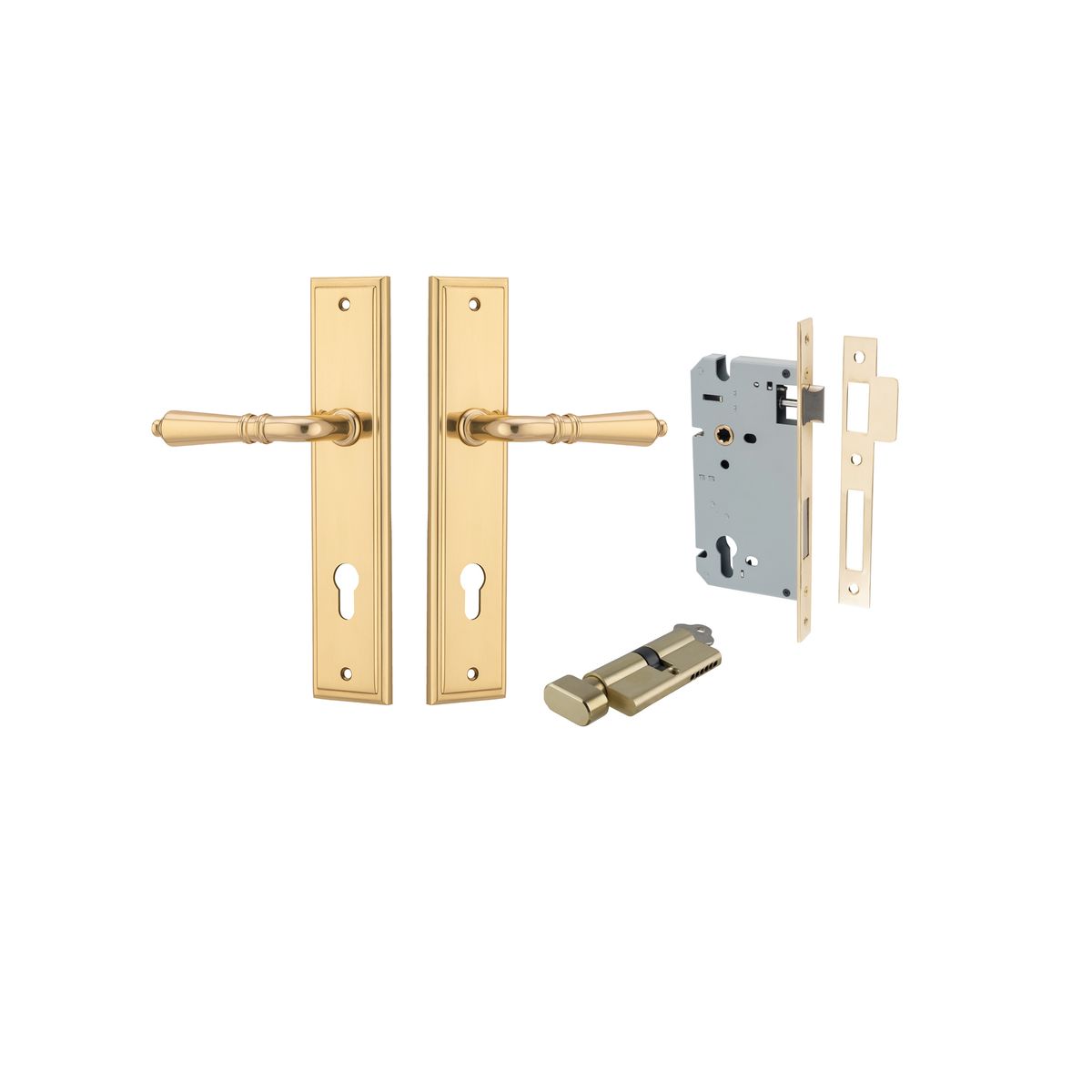Pair of Iver Sarlat lever handle door hardware on stepped backplate, showcasing elegant brass finish and detailed design.