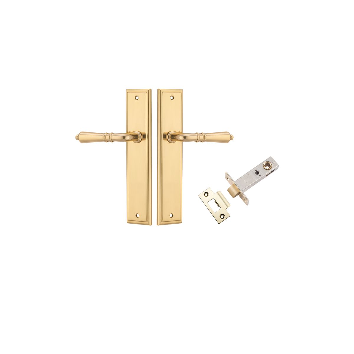 Pair of Iver Sarlat lever handles with stepped backplates, featuring a sleek, modern design in a polished finish.