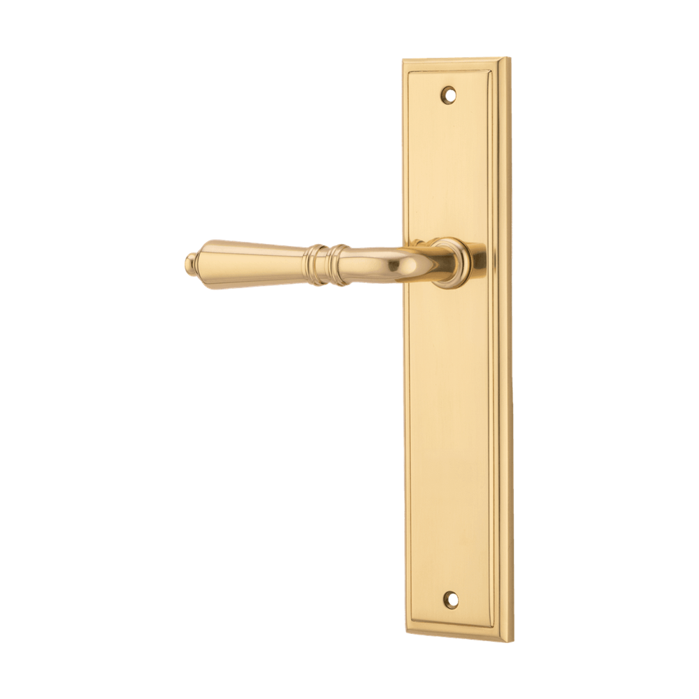 Door Lever Sarlat Stepped Latch Left Hand Fixed Polished Brass L111xP56mm BPH237xW50mm in Polished Brass