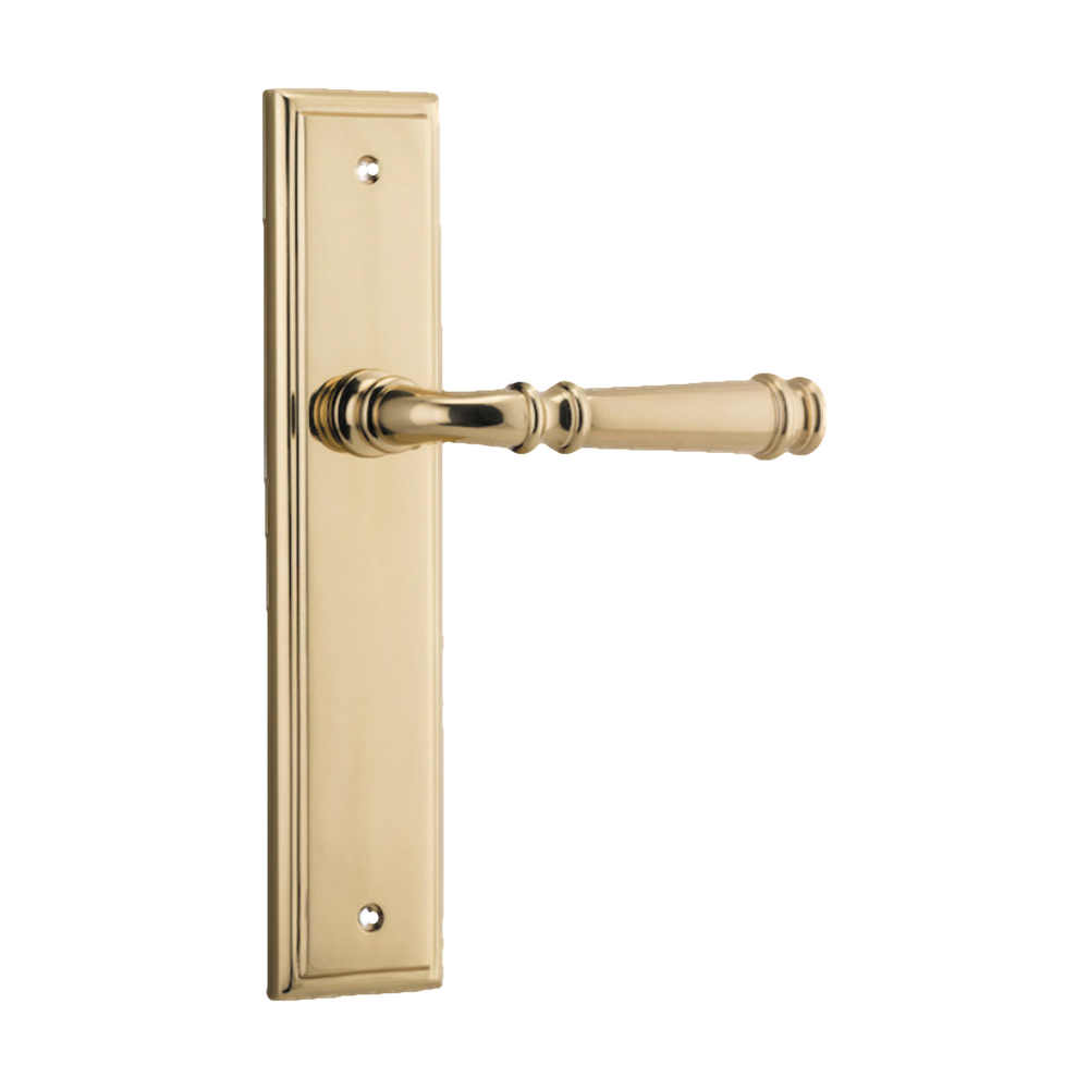 Pair of Iver Verona lever handles on stepped backplates, architectural hardware with a sleek, modern design.