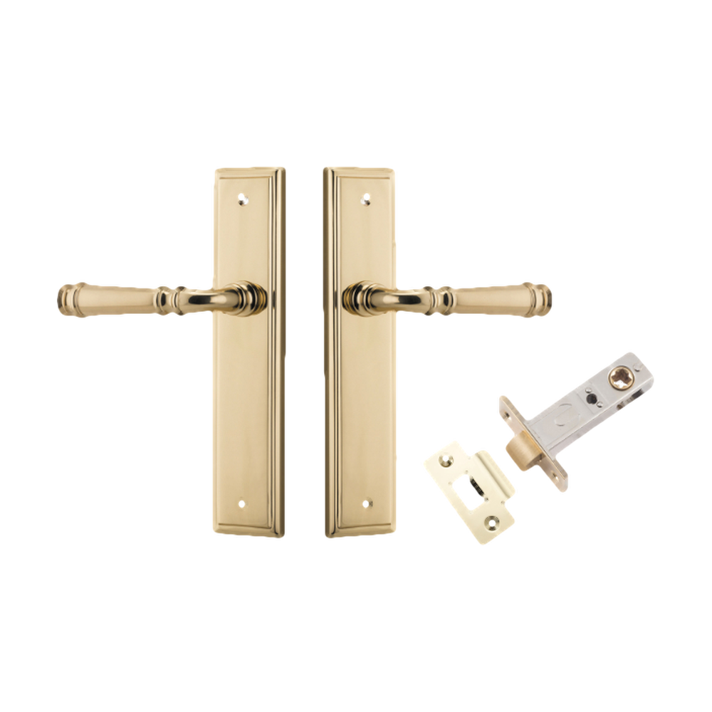 Pair of Iver Verona lever handles on stepped backplates, showing the elegant architectural hardware design in a close-up view.