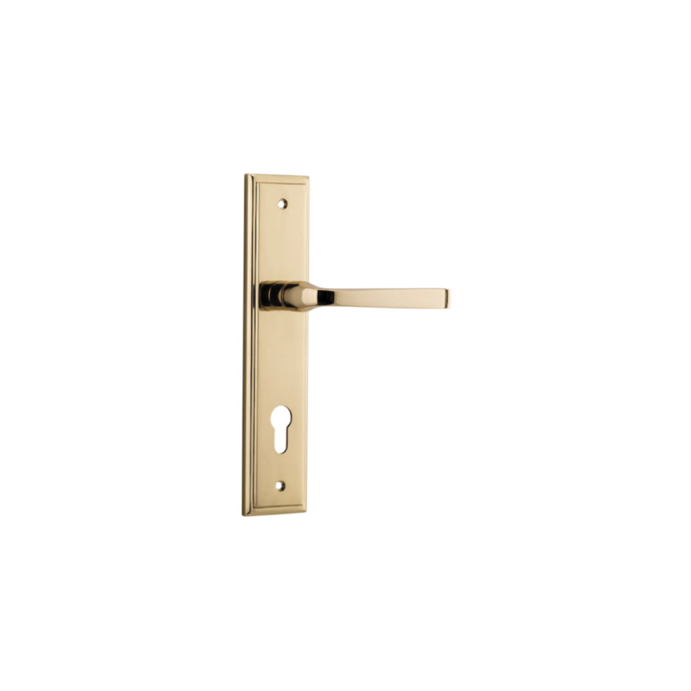 Pair of Iver Annecy lever handles on stepped backplates, featuring elegant design and polished finish for interior doors.