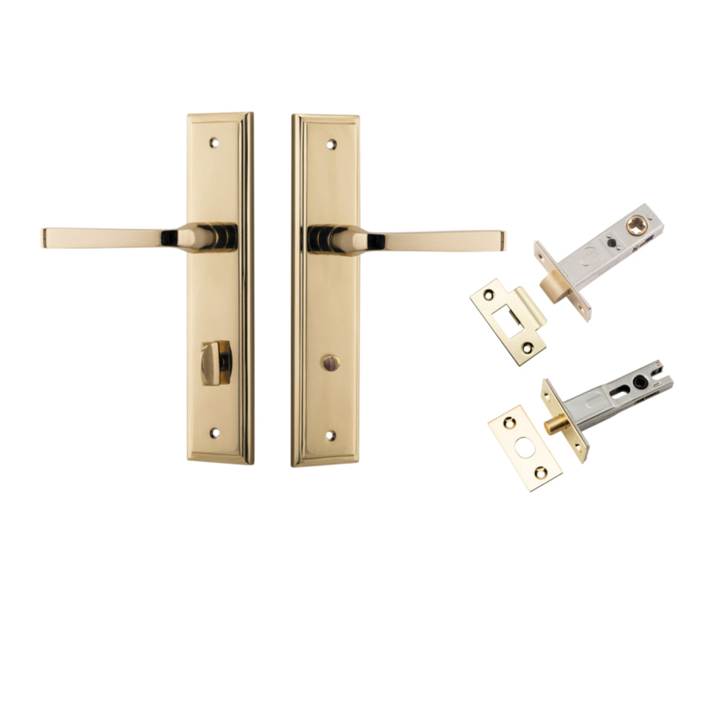 Door Lever Annecy Stepped Privacy Polished Brass CTC85mm H240xW50xP65mm Inbuilt Privacy Kit Tube Latch Split Cam 'T' Striker Polished Brass Backset 60mm, Privacy Bolt Round Bolt Polished Brass Backset 60mm in Polished Brass