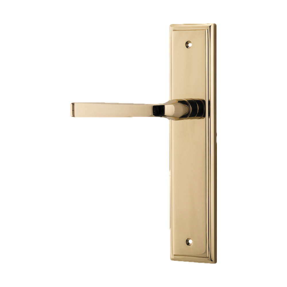 Door Lever Annecy Stepped Latch Left Hand Fixed Polished Brass L117xP66mm BPH237xW50mm in Polished Brass