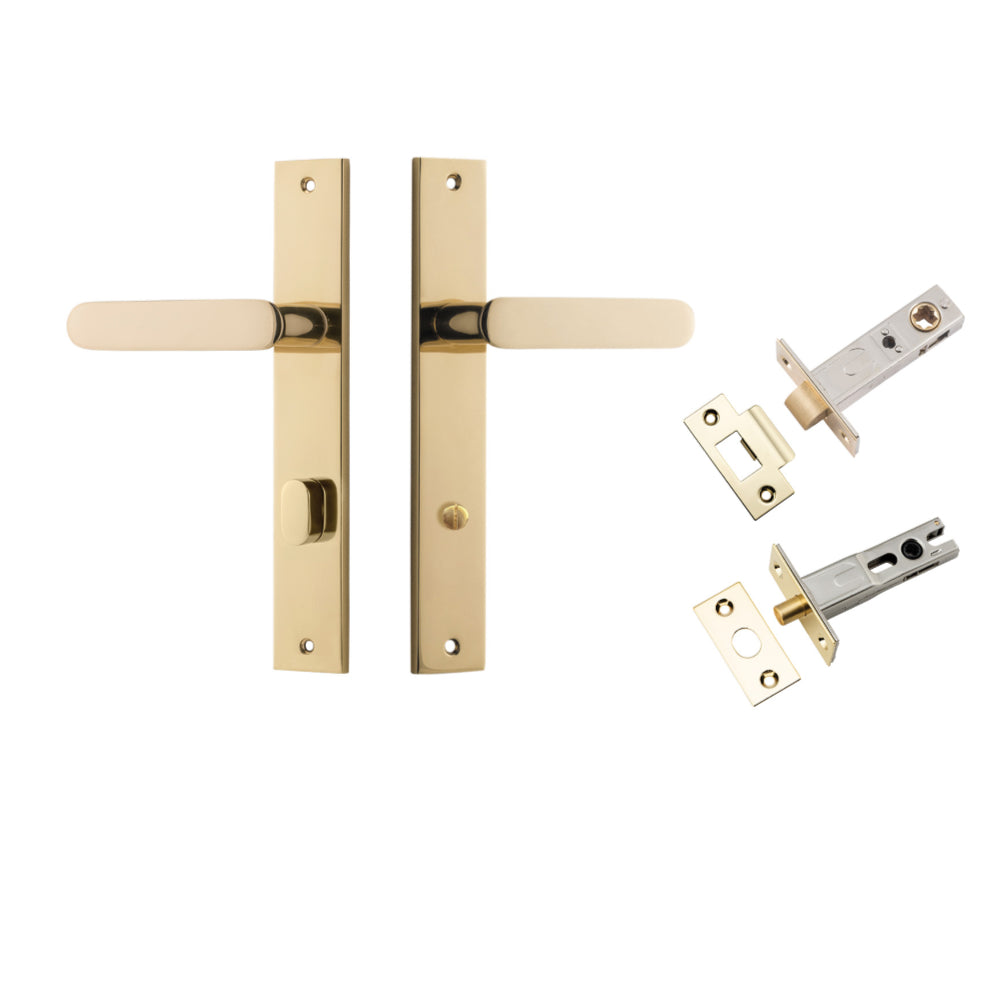 Door Lever Bronte on Long Backplate Privacy Polished Brass CTC85mm L117xP53mm BPH240xW38mm Privacy Kit, Tube Latch Split Cam 'T' Striker Polished Brass Backset 60mm, Privacy Bolt Round Bolt Polished Brass Backset 60mm in Polished Brass