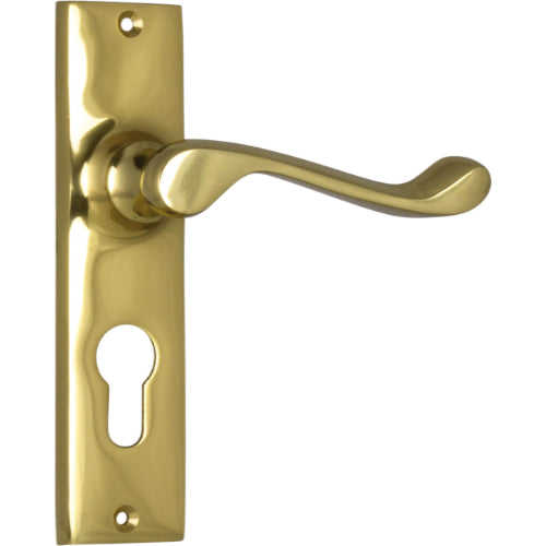 Door Lever Fremantle Euro Pair Polished Brass H150xW35xP50mm in Polished Brass