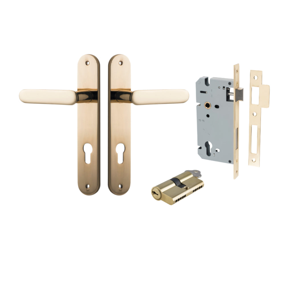 Door Lever Bronte Oval Euro Pair Polished Brass CTC85mm L117xP53mm BPH240xW40mm Mortice Lock Euro Polished Brass CTC85mm Backset 60mm, Euro Cylinder Dual Function 5 Pin Polished Brass 65mm KA4 in Polished Brass