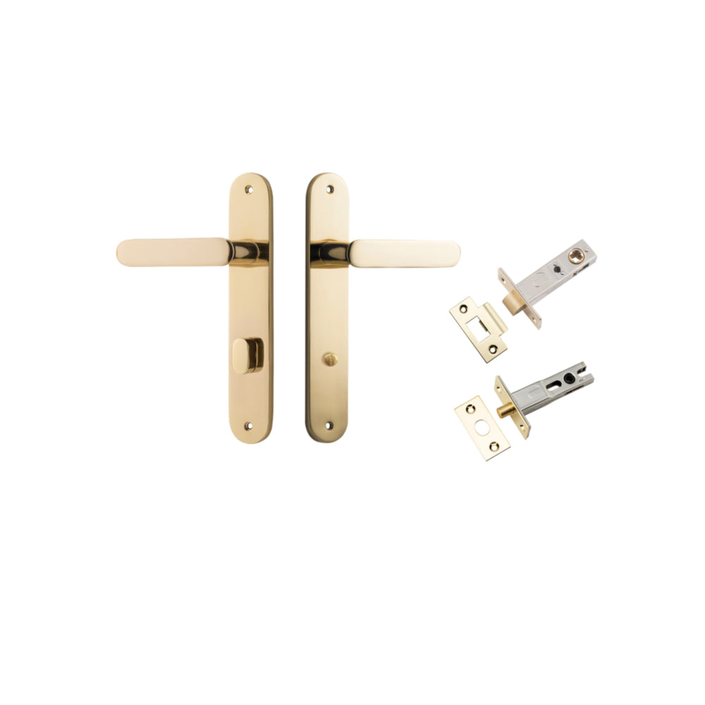Door Lever Bronte Oval Privacy Polished Brass CTC85mm L117xP53mm BPH240xW40mm Privacy Kit Tube Latch Split Cam 'T' Striker Polished Brass Backset 60mm, Privacy Bolt Round Bolt Polished Brass Backset 60mm in Polished Brass