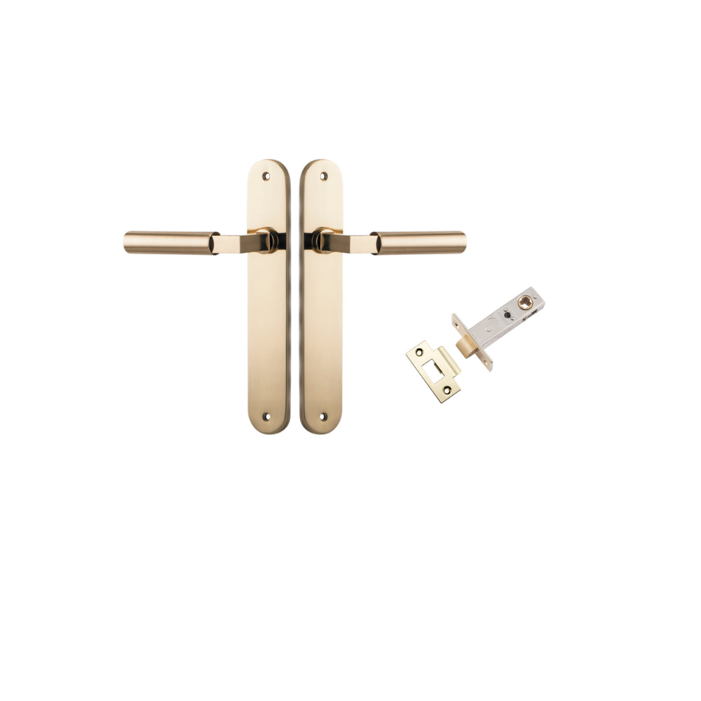 Pair of Iver Berlin lever door handles on oval backplates, featuring a sleek, modern design in a polished finish.