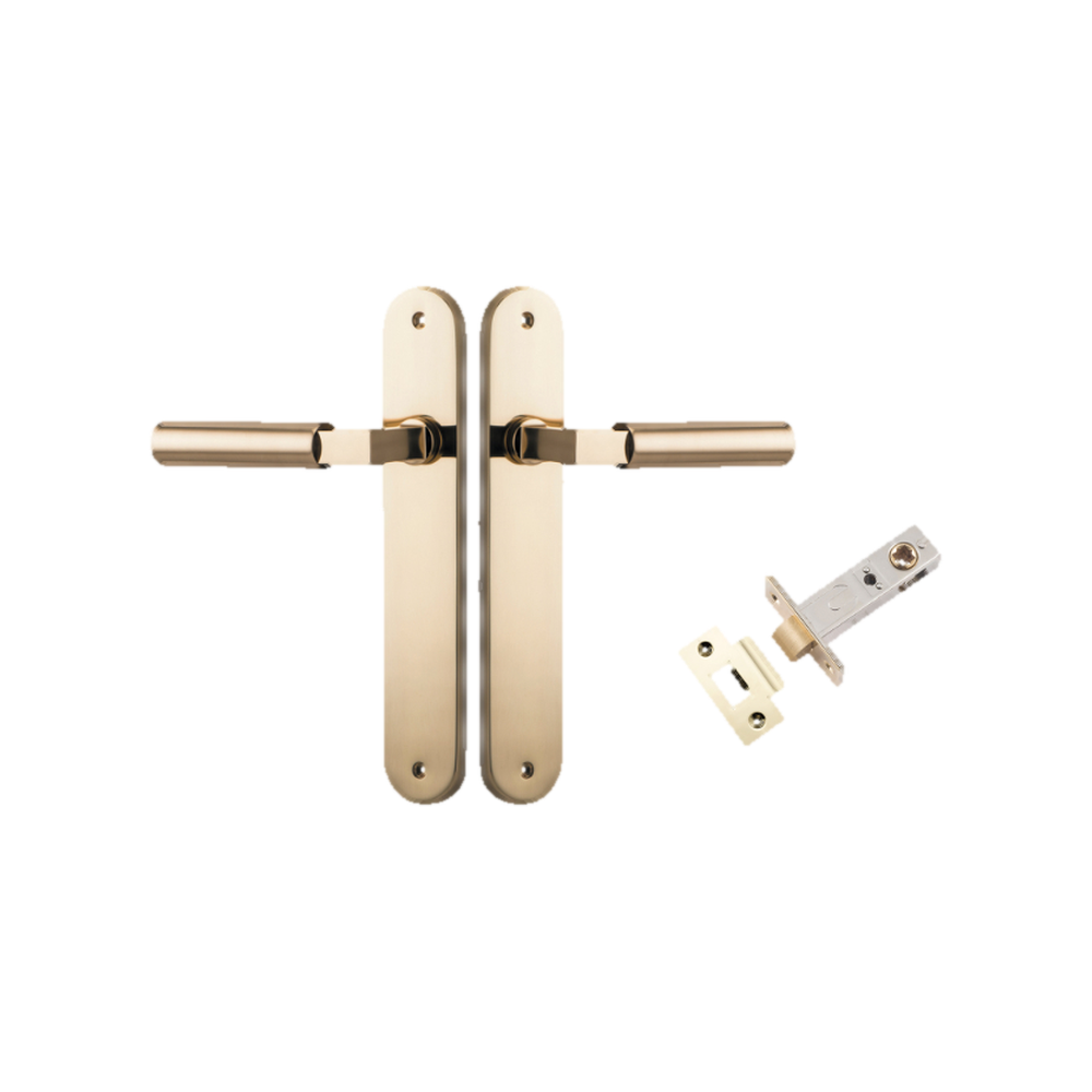 Door Lever Berlin Oval Polished Brass L120xP57mm BPH240xW40mm Passage Kit Tube Latch Split Cam 'T' Striker Polished Brass Backset 60mm in Polished Brass