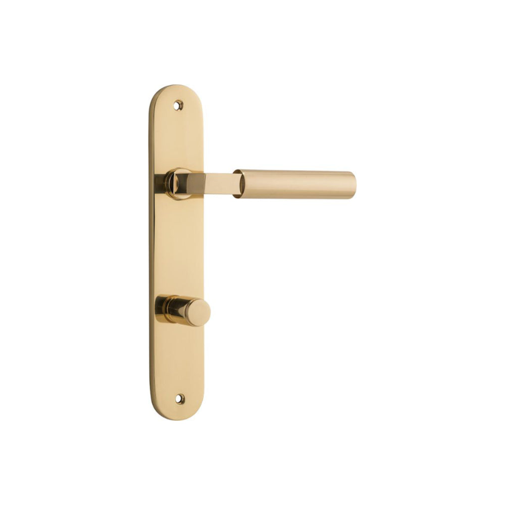 Pair of Iver Berlin lever door handles on oval backplates, featuring a sleek modern design and polished finish.