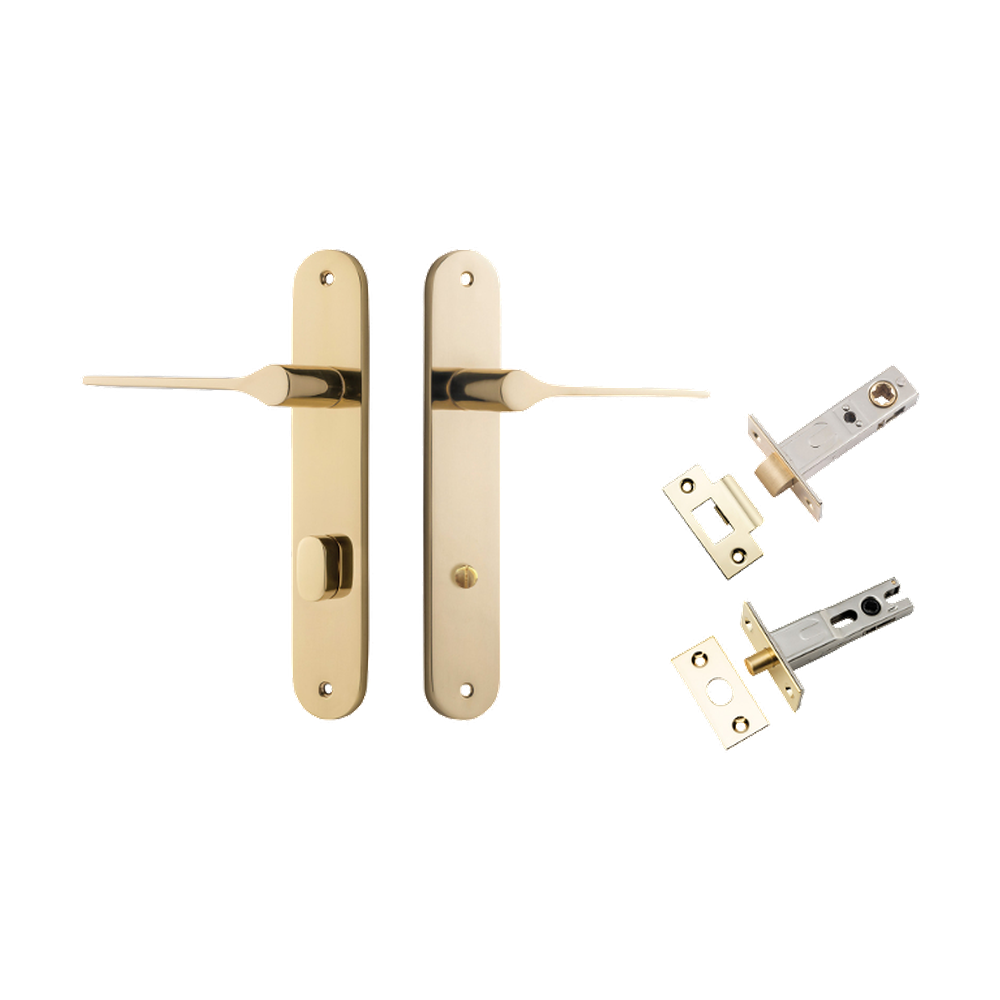 Door Lever Como Oval Privacy Polished Brass CTC85mm L119xP59mm BPH240xW40mm Privacy Kit Tube Latch Split Cam 'T' Striker Polished Brass Backset 60mm Privacy Bolt Round Bolt Polished Brass Backset 60mm in Polished Brass