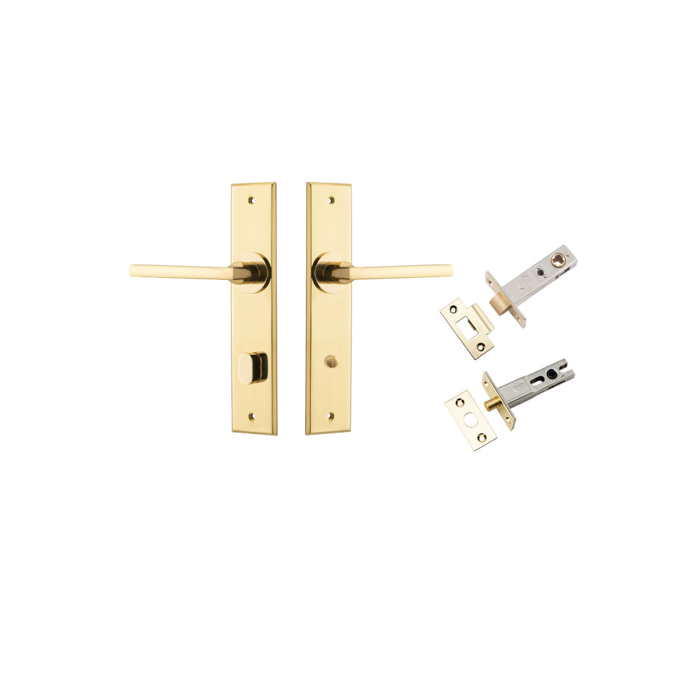 Pair of Iver Baltimore lever door handles on chamfered backplates, with a sleek, modern design for interior doors.
