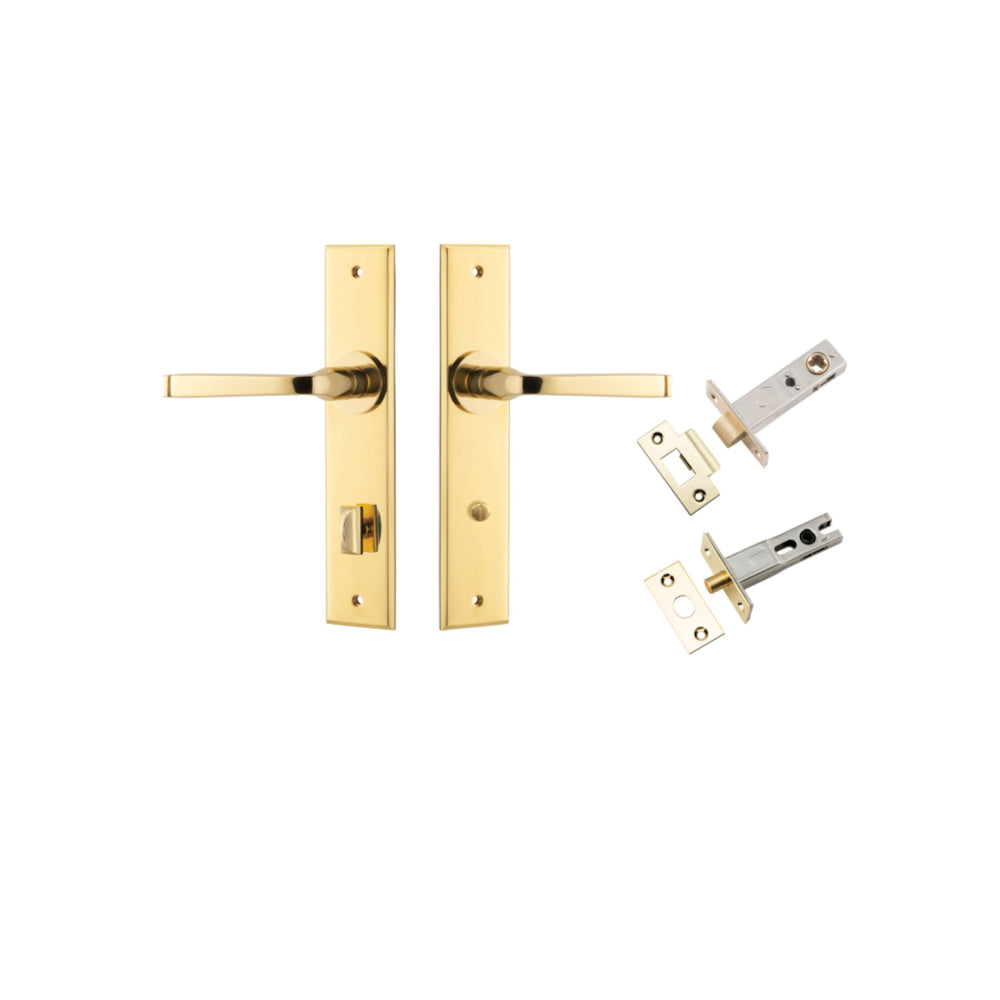 Door Lever Annecy Chamfered Privacy Polished Brass CTC85mm L117xP65mm BPH240xW50mm Privacy Kit Tube Latch Split Cam 'T' Striker Polished Brass Backset 60mm, Privacy Bolt Round Bolt Polished Brass Backset 60mm in Polished Brass