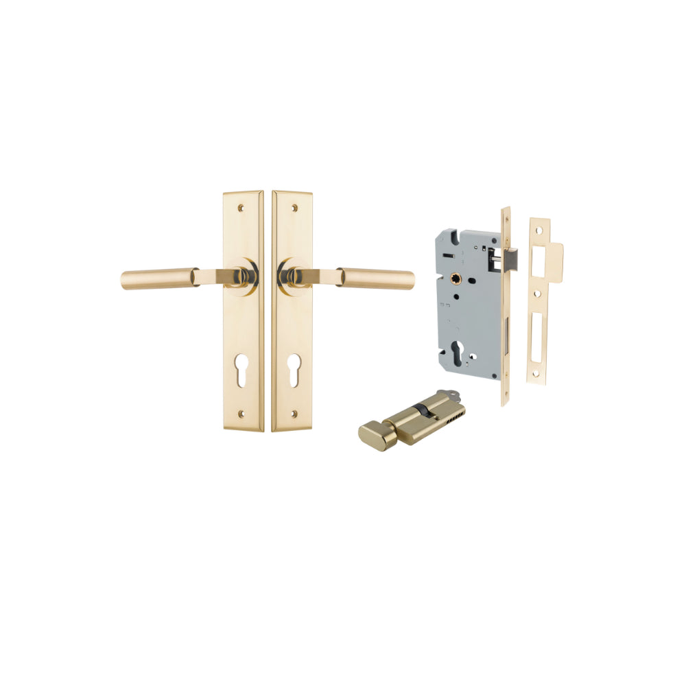 Door Lever Berlin Chamfered Euro Pair Polished Brass CTC85mm L120xP59mm BPH240xW50mm Mortice Lock Euro Polished Brass CTC85mm Backset 60mm, Euro Cylinder Key Thumb 5 Pin Polished Brass 65mm KA4 in Polished Brass