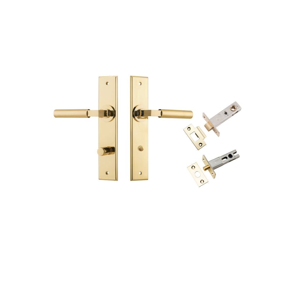 Door Lever Berlin Chamfered Privacy Polished Brass CTC85mm L120xP59mm BPH240xW50mm Privacy Kit Tube Latch Split Cam 'T' Striker Polished Brass Backset 60mm, Privacy Bolt Round Bolt Polished Brass Backset 60mm in Polished Brass