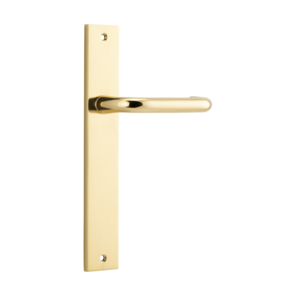 Pair of Iver Oslo Lever handles on rectangular backplates, architectural hardware for doors, with a sleek modern design.