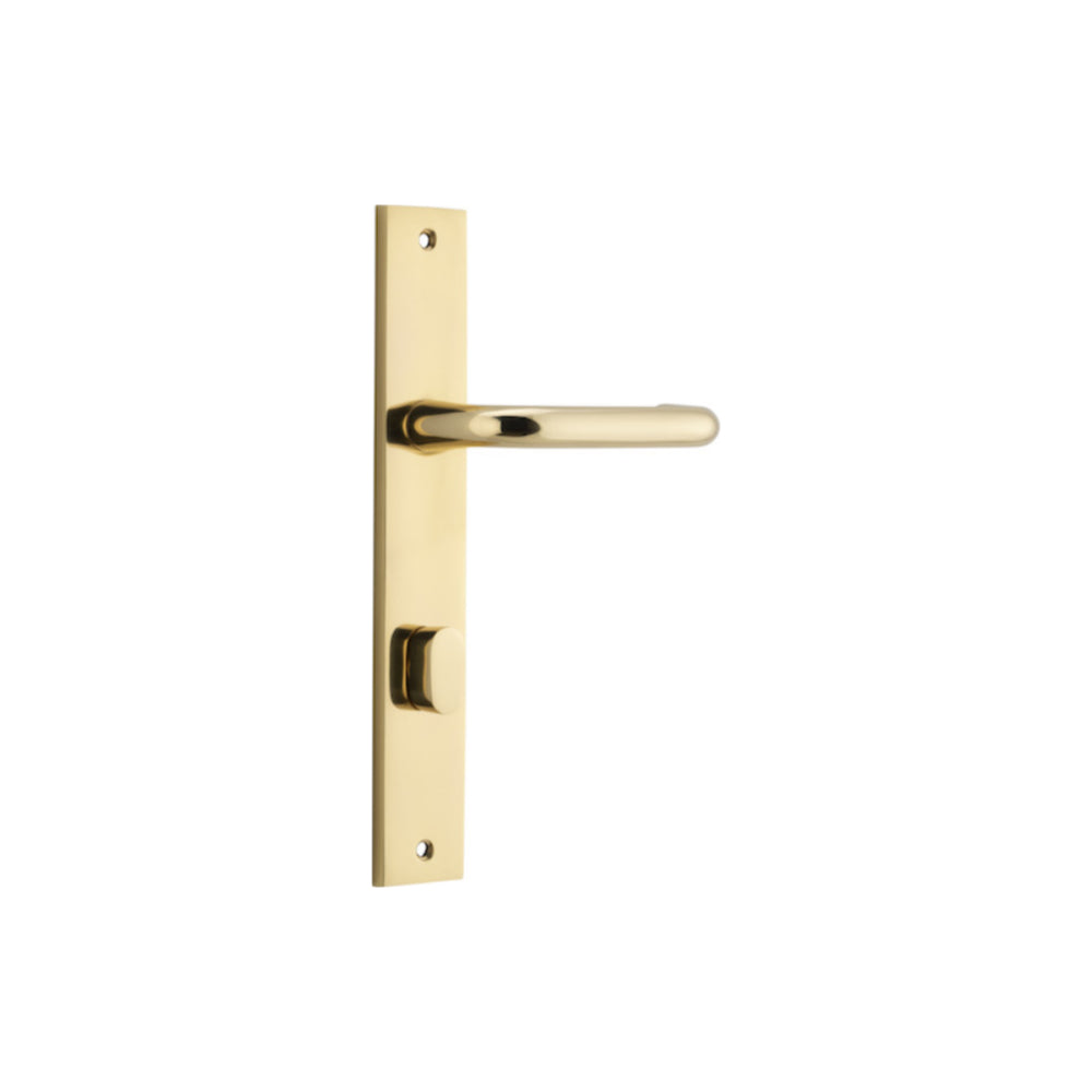 Door Lever Oslo Return Rectangular Privacy Polished Brass CTC85mm L118xP56mm BPH240xW50mm Privacy Kit, Tube Latch Split Cam 'T' Striker Polished Brass Backset 60mm, Privacy Bolt Round Bolt Polished Brass Backset 60mm in Polished Brass