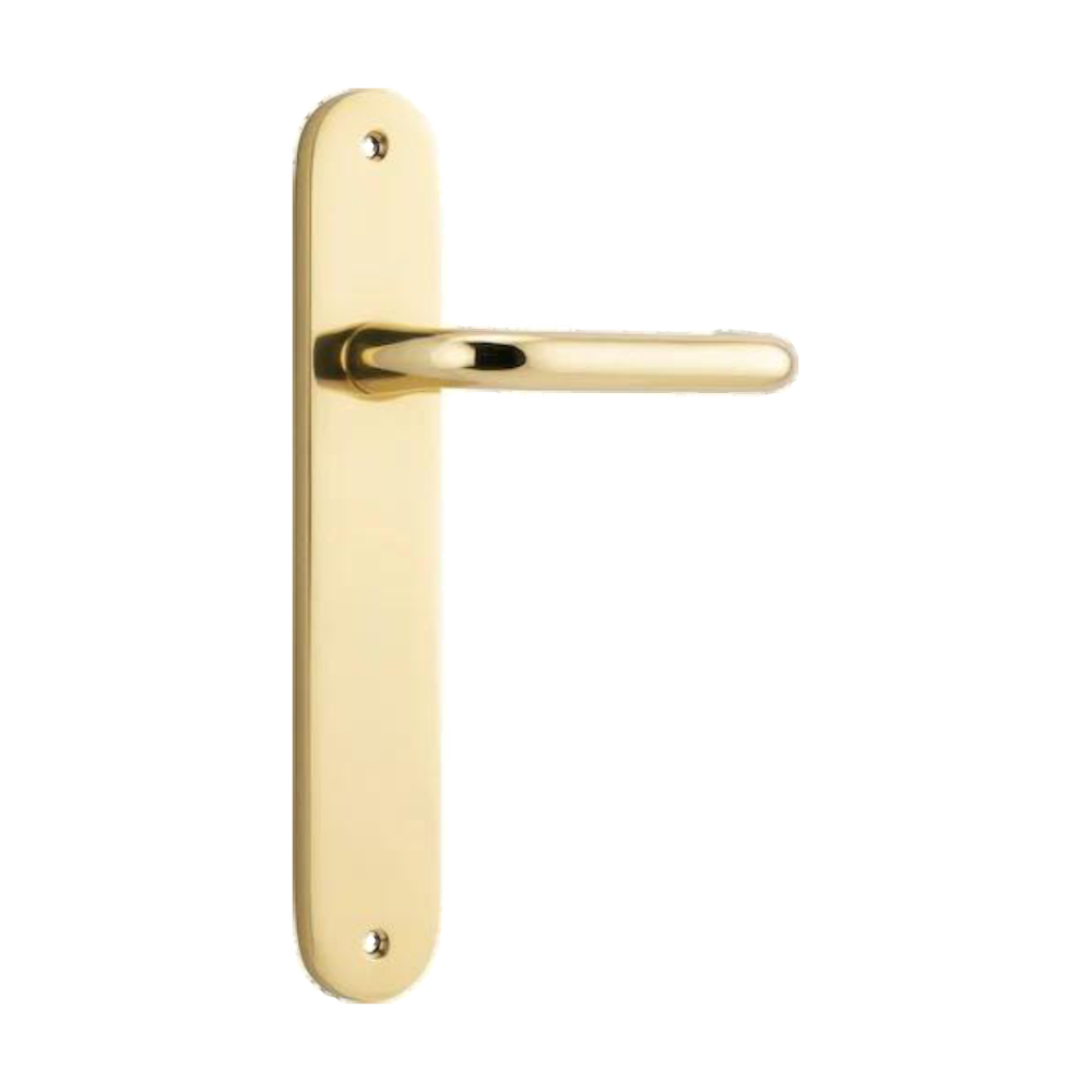 Door Lever Oslo Oval Latch Polished Brass H240xW40xP57mm in Polished Brass