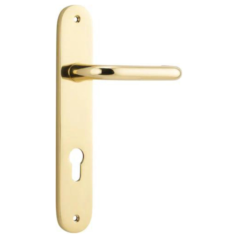 Door Lever Oslo Oval Euro Pair Polished Brass CTC85mm L120xP54mm BPH240xW38mm Mortice Lock Euro Polished Brass CTC85mm Backset 60mm, Euro Cylinder Key Thumb 5 Pin Polished Brass 65mm KA4 in Polished Brass