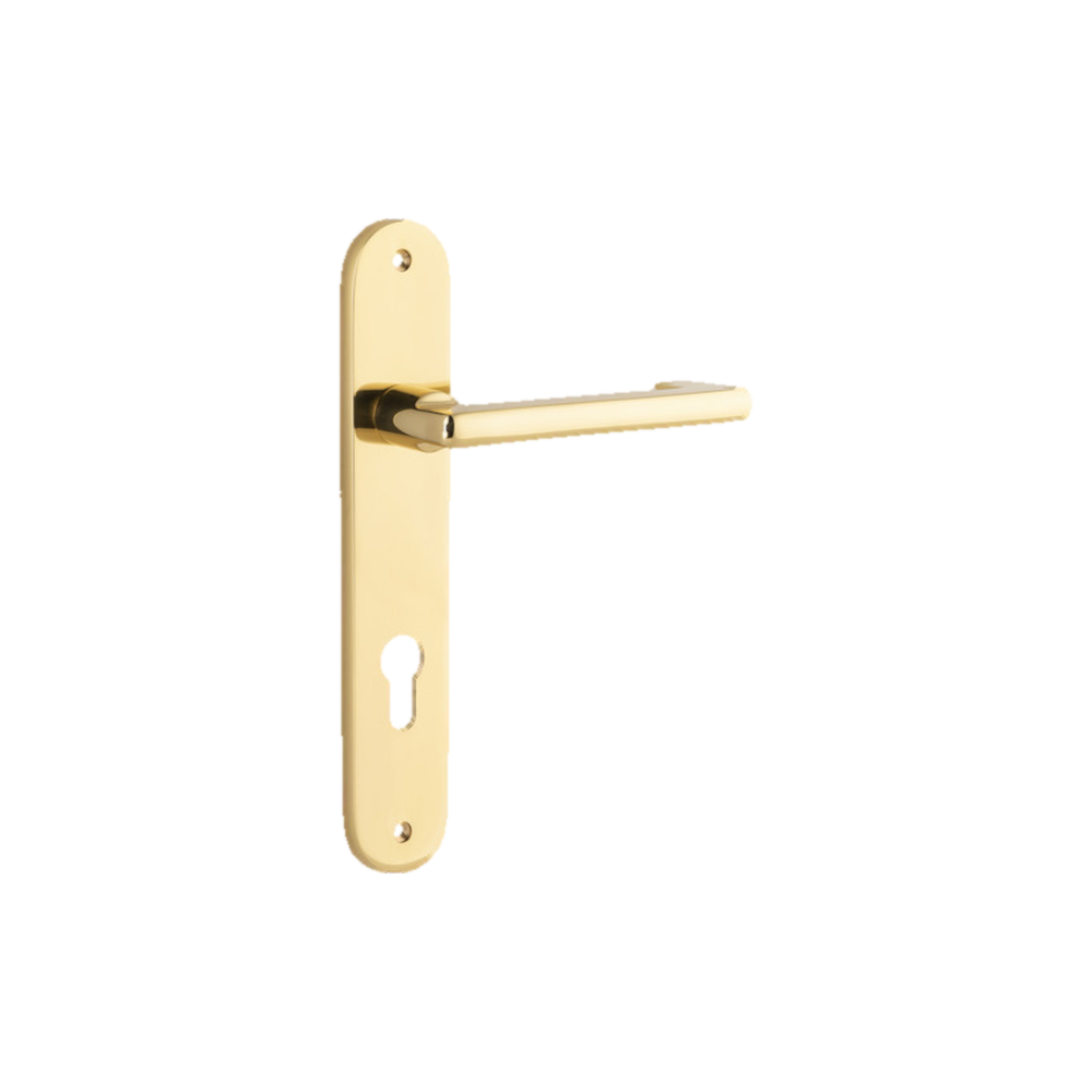Door Lever Baltimore Return Oval Euro Pair Polished Brass CTC85mm H240xW40xP58mm in Polished Brass