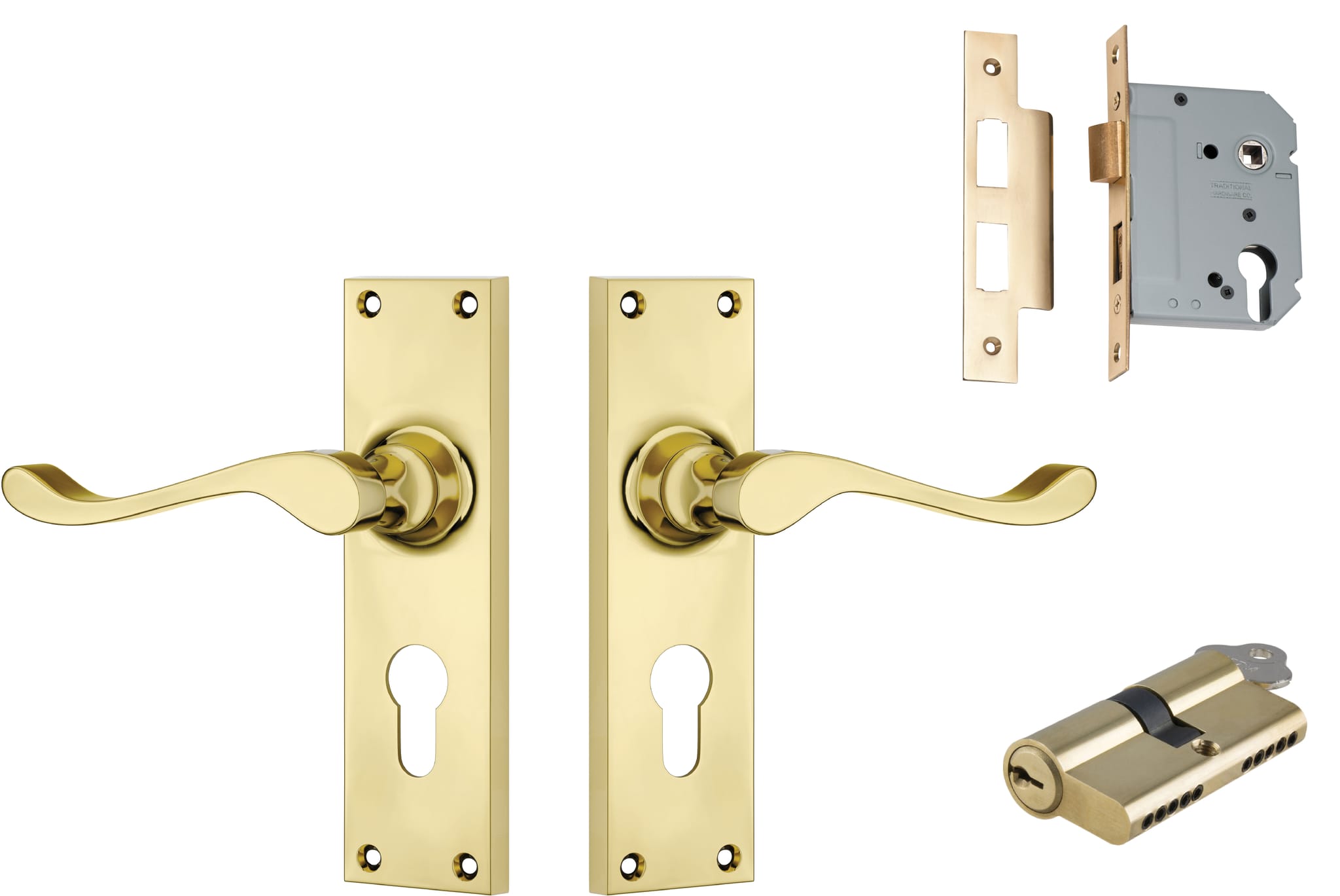 Door Lever Victorian Polished Brass Key / Key Entrance Set in Polished Brass