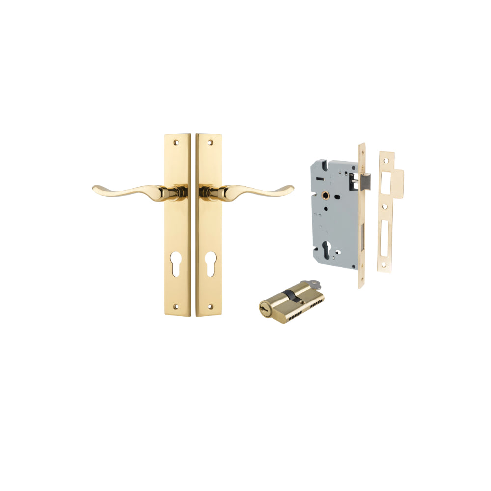 Door Lever Stirling Rectangular Euro Pair Polished Brass CTC85mm H240xW38xP64mm Entrance Kit, Mortice Lock Euro Polished Brass CTC85mm Backset 60mm, Euro Cylinder Dual Function 5 Pin Polished Brass L65mm KA1 in Polished Brass