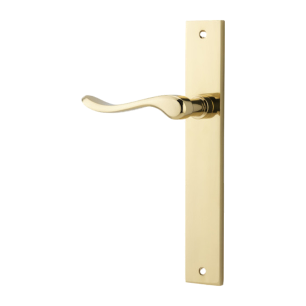 Door Lever Stirling Rectangular Latch Left Hand Fixed Polished Brass L116xP62mm BPH240xW38mm in Polished Brass