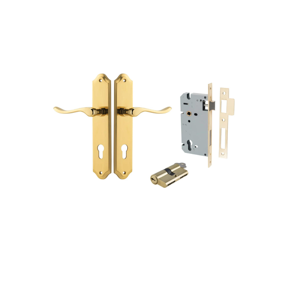 Door Lever Stirling Shouldered Euro Pair Polished Brass CTC85mm H250xW48xP64mm Entrance Kit Mortice Lock Euro Polished Brass CTC85mm Backset 60mm, Euro Cylinder Dual Function 5 Pin Polished Brass L65mm KA1 in Polished Brass