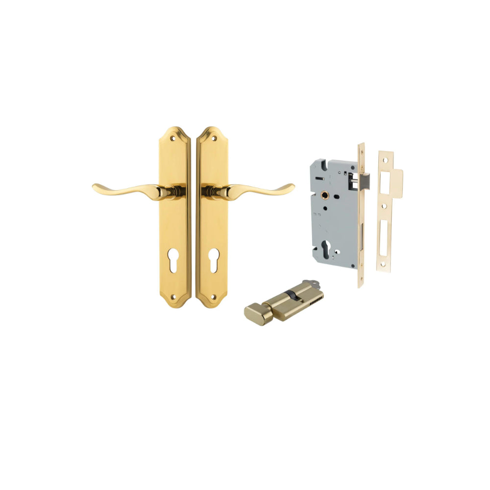 Door Lever Stirling Shouldered Euro Pair Polished Brass CTC85mm H250xW48xP64mm Entrance Kit Mortice Lock Euro Polished Brass CTC85mm Backset 60mm, Euro Cylinder Key Thumb 6 Pin Polished Brass L70mm KA1 in Polished Brass