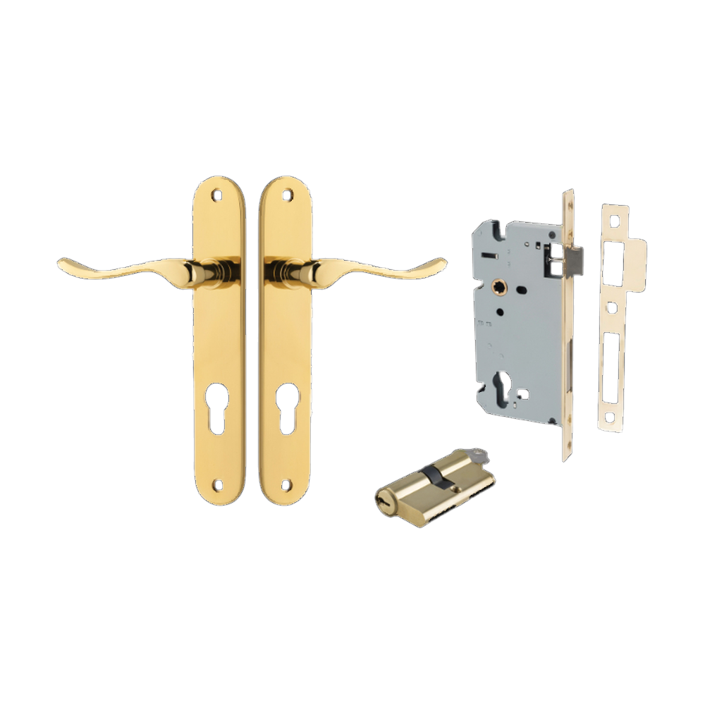 Door Lever Stirling Oval Euro Pair Polished Brass CTC85mm H240xW40xP64mm Entrance Kit Mortice Lock Euro Polished Brass CTC85mm Backset 60mm, Euro Cylinder Dual Function 5 Pin Polished Brass L65mm KA1 in Polished Brass