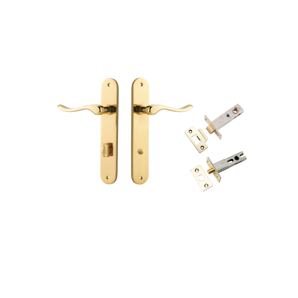 Door Lever Stirling Oval Privacy Pair Polished Brass CTC85mm H240xW40xP64mm Privacy Kit Tube Latch Split Cam 'T' Striker Polished Brass Backset 60mm, Privacy Bolt Round Bolt Polished Brass Backset 60mm in Polished Brass